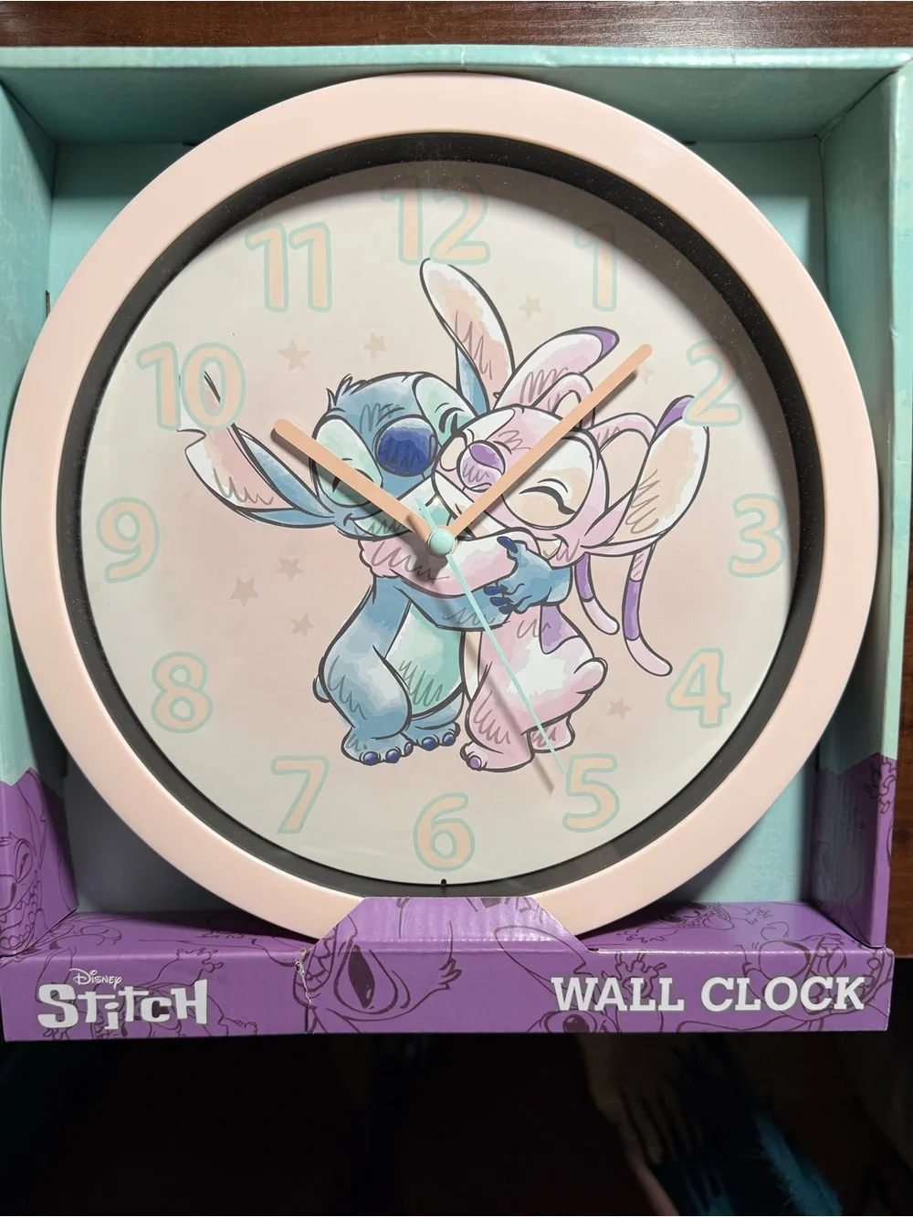 Disney Pastel Pink and Blue Stitch and Angel Hug Wall Clock *NWT